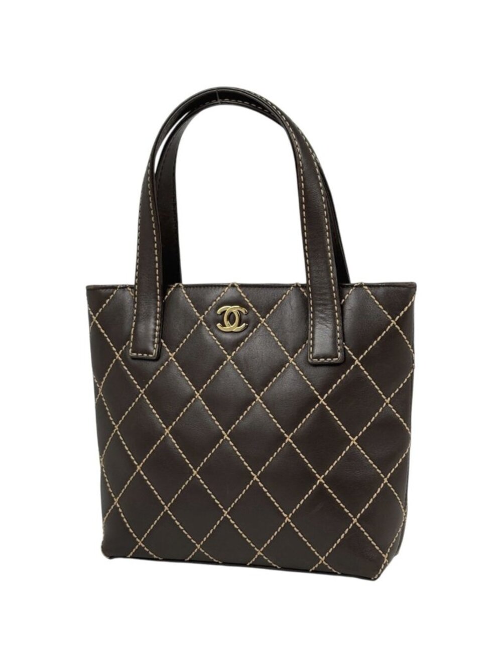 Chanel Handbag CC Logo Wild Stitch Leather Brown